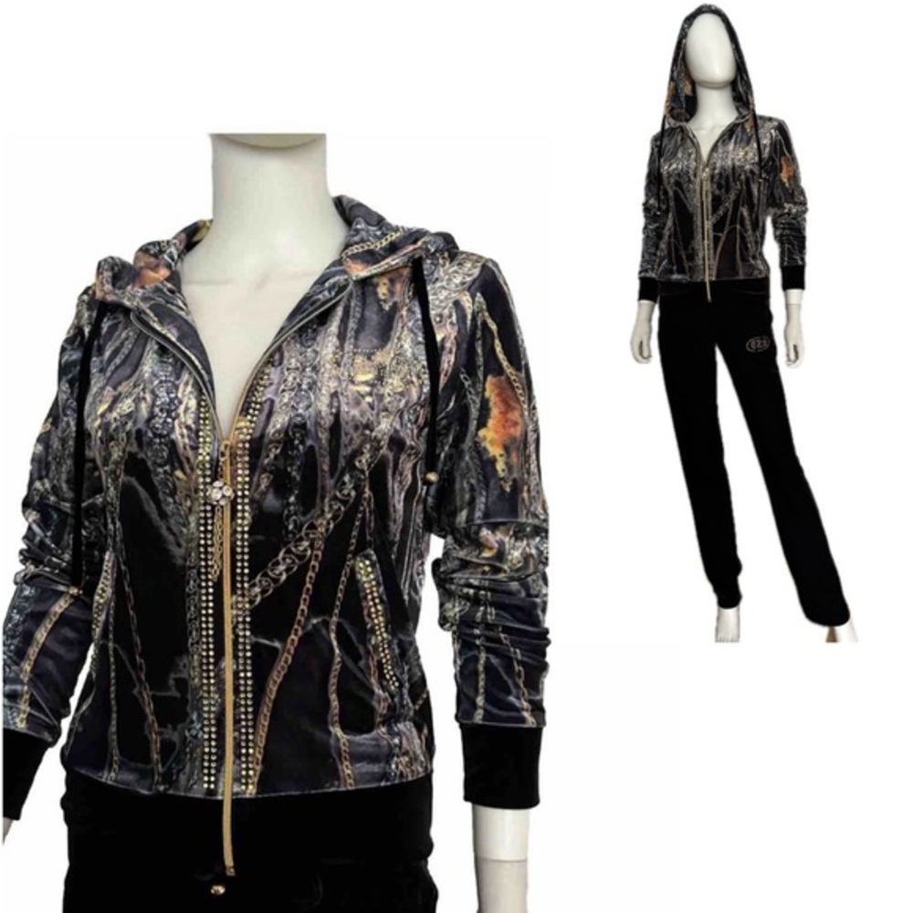 NWT WOMEN VELOUR TRACKSUIT 2 PC SET JACKET/BLACK PANTS HOODED ZIPPED LOUNGEWEAR